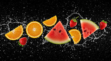 Fresh fruit with splash on black background