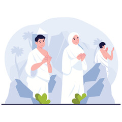 Obraz premium Hajj and Umrah Mubarok Illustration. Vector illustration of Pilgrims standing in prayer at Mount Arafat during the Hajj journey. Isolated on background