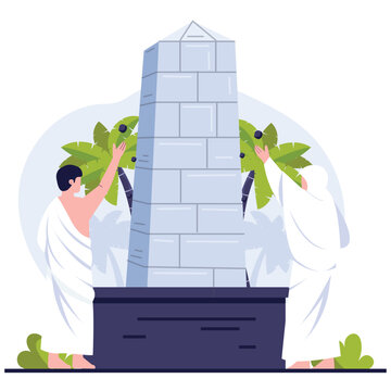 Hajj and Umrah Mubarok Illustration. Vector illustration of Muslim pilgrims performing the symbolic ritual of throwing stones at Jamrah. Isolated on background