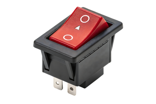 Red rocker switch, electrical component on transparent background