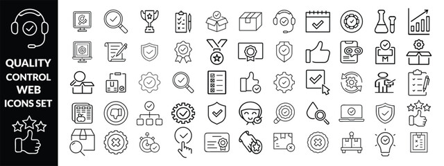 Quality control set of web icons in line style. quality check computing icons for web and mobile app. containing inspection, evaluation, production, quality assurance, certificate, testing and more
