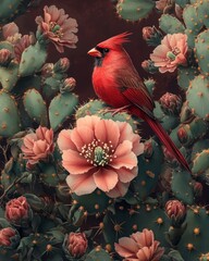 Red bird, cactus flower image.