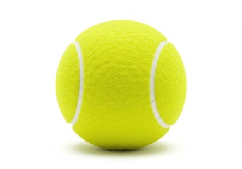 A single bright yellow tennis ball with white curved lines on a plain white background studio shot