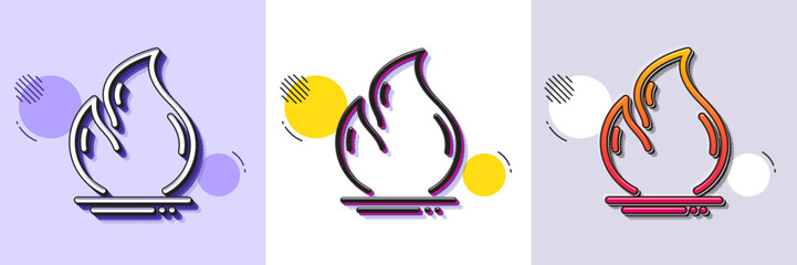 Fire energy line icon. Halftone dotted pattern. Gradient icon with grain shadow. Heating power energy sign. Hot flame symbol. Line fire energy icon. Various designs. Vector