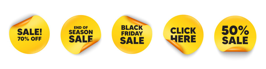 Sale sticker tag. 50 percent discount, Black friday paper price banners. Sale 70 percent off discount. Promotion price offer sign. Retail badge symbol. Click here sticker. Vector