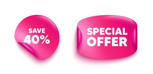Discount sticker banner. Paper price label. Save 40 percent off tag. Sale Discount offer price sign. Special offer symbol. Paper sticker with message. Offer label banner. Vector