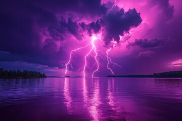 Lake image, purple lightning strikes.