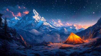 Magical realist Himalayan night, glowing tent.