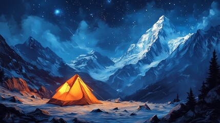 Snow-capped mountains, orange tent glow
