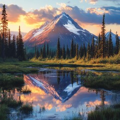 Alaskan landscape: peaks, puddles, pines.