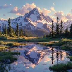 Summer sunset: snow, water, meadows.