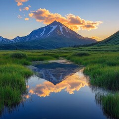 Green meadows mirror mountain peak.