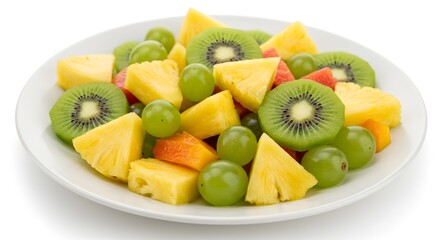 A delicious fruit salad with kiwi, pineapple, and grapes on a white plate, a colorful healthy meal.
