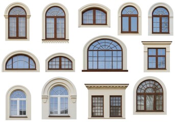 Fototapeta premium A collection of various styles of windows with arched tops and rectangular shapes on a white background