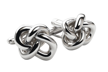 Polished Perfection: Silver Knot Cufflinks Isolated On White Background.