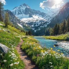 Bright sun, long shadows, mountain trail.