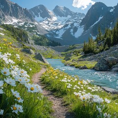 Snowy peaks, turquoise river, wildflowers trail.