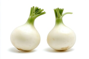 Fresh white onions with green tops displayed on a clean white background