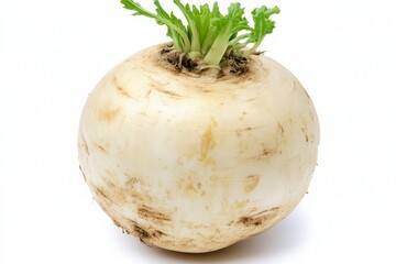 Fresh white turnip with green leaves on top, isolated on white background for culinary use