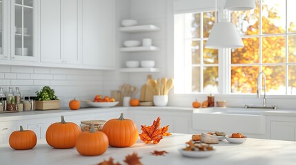 Fall kitchen decor ideas with pumpkins and autumn leaves for thanksgiving and halloween season on transparent background