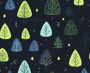 A simple, seamless pattern featuring small, green and blue trees in a line art