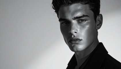 超高解像度ポートレート,プロモデル,一人のみ,エレガントなポーズ,ラグジュアリーファッション,ドラマティックライティング,強い視線,モノクロ配色,クローズアップ構図,白黒灰背景,完璧なメイク,プレミアム感,8K,鋭いディテール,象徴的ビジュアル,Ultra-high-resolution portrait,Professional model,Single person,Elegant pose,