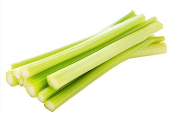 Freshly cut green celery stalks arranged neatly on a white background, highlighting freshness