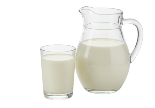 Clear glass pitcher and a glass full of milk on black background