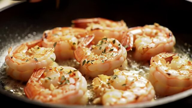 Golden Shrimp Scampi with Garlic and Herb in Sizzling Pan a Culinary Close Up