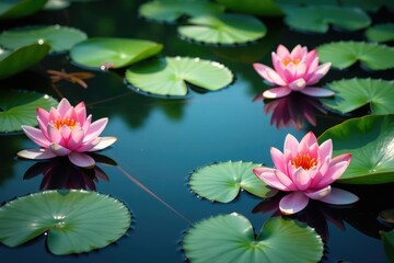 Intricate water lilies & lotus blossoms form a lake pattern , green, peaceful, bloom
