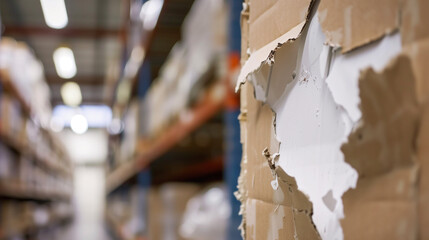 Close-Up of a Torn Shipping Label on a Cardboard Box with Blurred Warehouse Shelves in the Background, Symbolizing Order Cancellations, Logistics Errors, and Failed Deliveries in E-Commerce Business