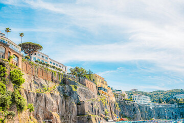 Streets in a touristic town, Sorrento near Amalfi coast, Italy. with a view of Naples and the...