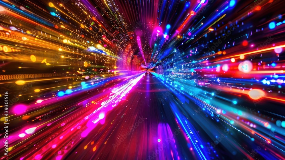 Poster light speed burst with blue and orange streaks. dynamic motion of glowing particles in a digital tun
