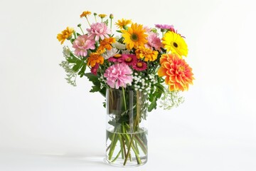 Seasonal Blooms in Glass Cylinder Vase Isolated On White Background.