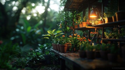 Rustic garden shed with potted plants in a tropical setting