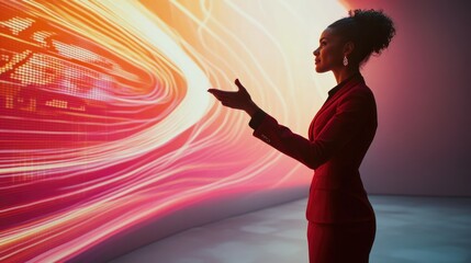 A woman in a red suit presents a dynamic data visualization on a large screen.