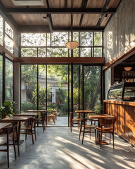 Fototapeta premium artistic minimalist coffee shop nature themed architecture and morning sunlight