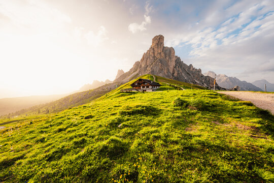 Ra Gusela Peak of Nuvolau group in the Italian Dolomites mountain at Giau Pass in South Tyrol Italy.