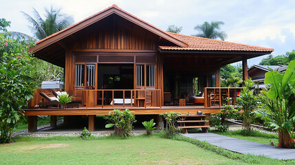 Naklejka premium tropical wooden house, cozy porch, lush garden, modern villa, peaceful vibes, outdoor living,
