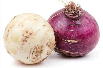 Freshly harvested white and purple turnips placed on a clean white background