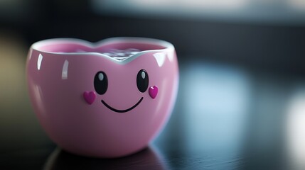 Pink cartoon cup filled with liquid, home interior background