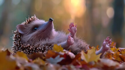 Adorable hedgehog resting in autumn leaves, forest background