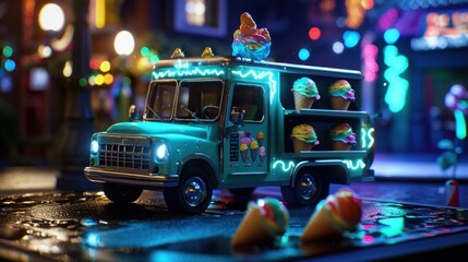 Nighttime ice cream truck in a vibrant city street scene