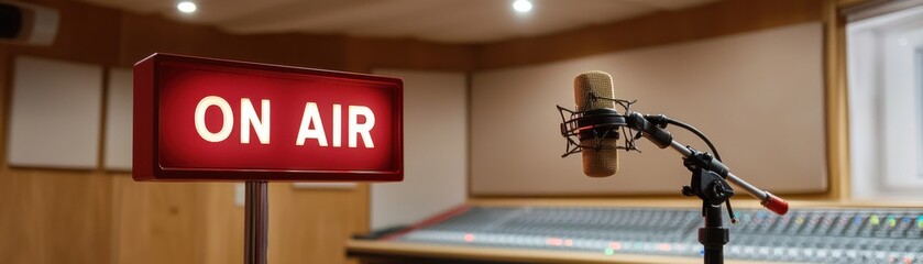 Obraz premium A professional radio studio setup featuring a microphone and an ON AIR sign.