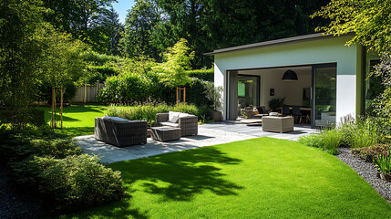 luxurious holiday home, bright garden, outdoor relaxation area, minimal architecture, lush setting,