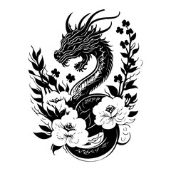 Monochromatic dragon intertwines with floral elements for expressive art