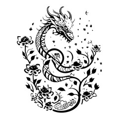 Elegant dragon and floral design: A symbolic fusion of power and nature illustration