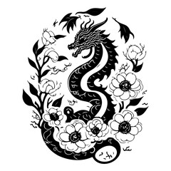 Mythical serpentine creature amidst blossoming flora in a decorative black and white design