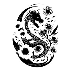 Mythical Serpent and Floral Design: An Enchanting Artwork with Black and White Contrast