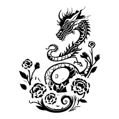 Stylized depiction of a dragon entwined with floral elements in black and white